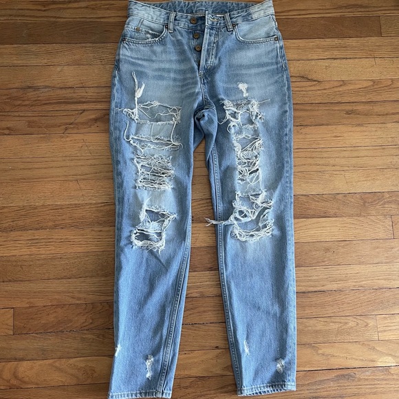 4 Boyfriend Trashed Jeans Rise 10.5” &denim H&M Ripped Faded Relaxed Straight - Picture 7 of 9